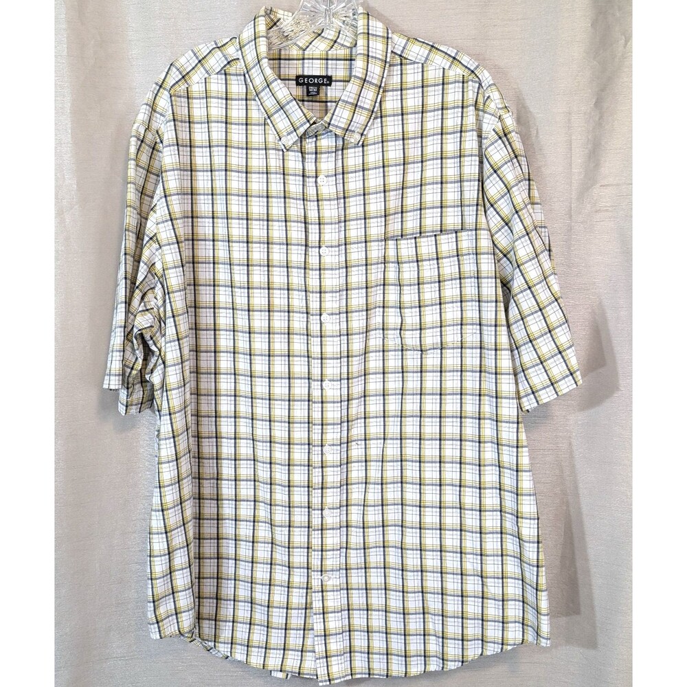 George Men's Size 2XL (50-52) Blue Yellow Plaid Button Down Shirt Cotton Blend